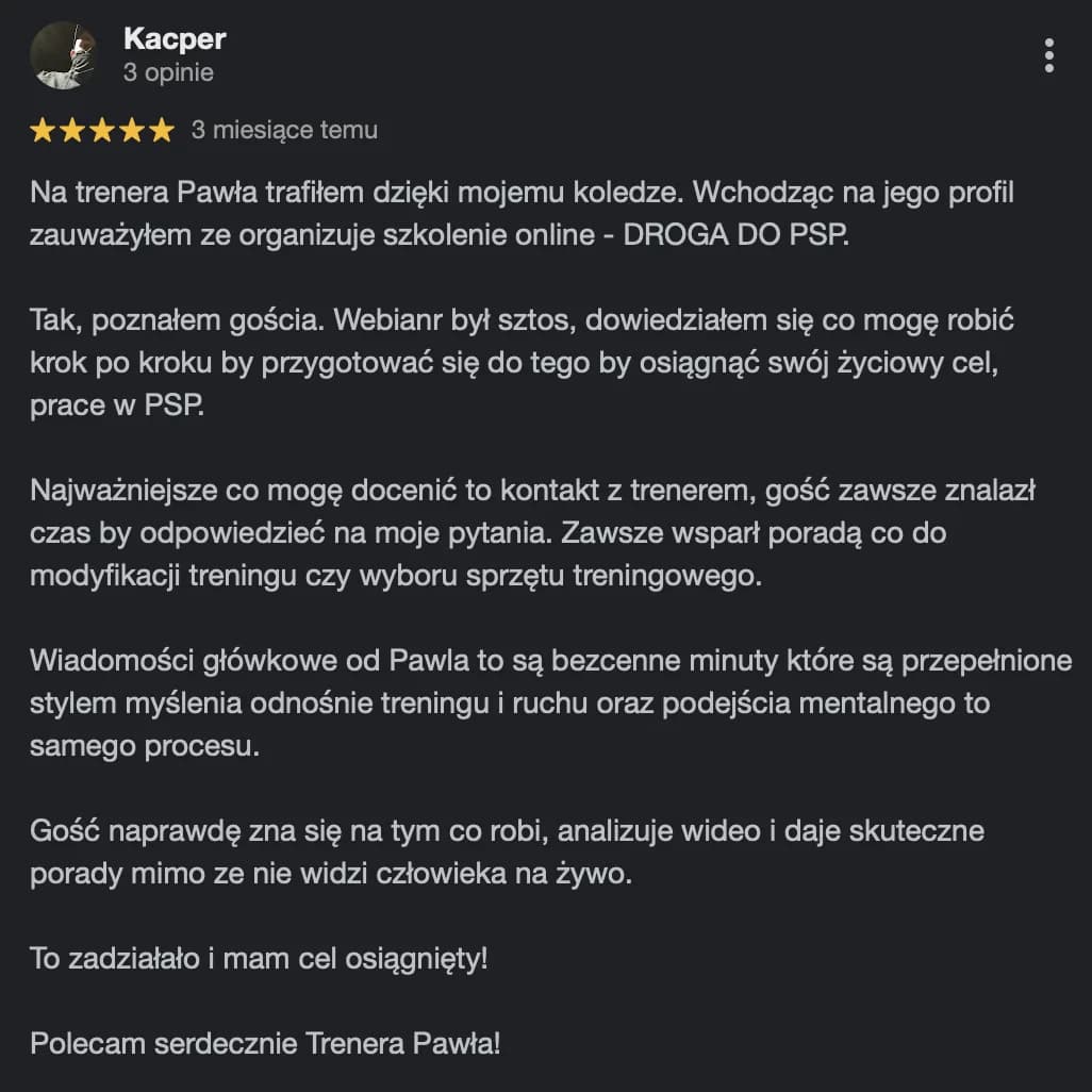 Opinia w Google: Kacper o webinarze Droga do PSP