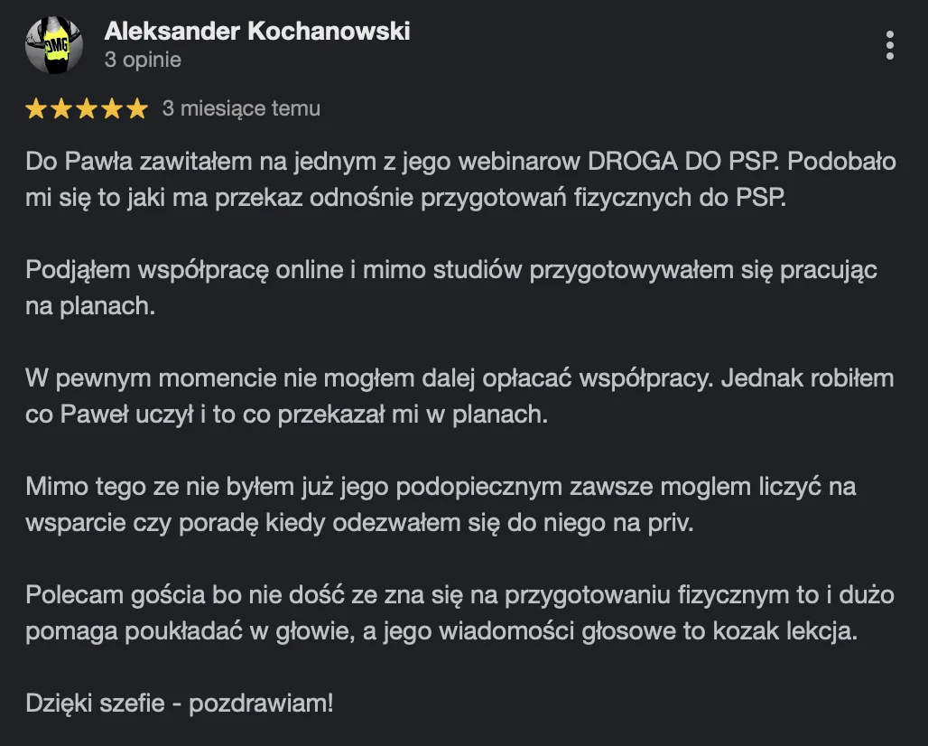 Opinia w Google: Aleksander Kochanowski o webinarze Droga do PSP