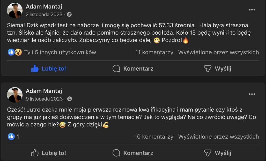 Posty na Facebooku: Adam Mantaj o naborze