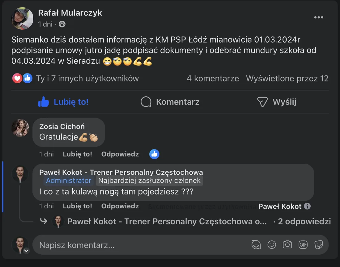 Post na Facebooku: Rafał Mularczyk o przyjęciu do KM PSP Łódź